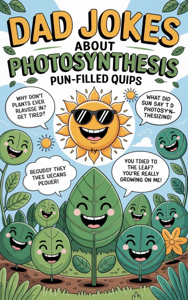 A humorous image featuring dad jokes about photosynthesis with cartoon plants, sun, and leaves delivering pun-filled quips in a playful, educational style.