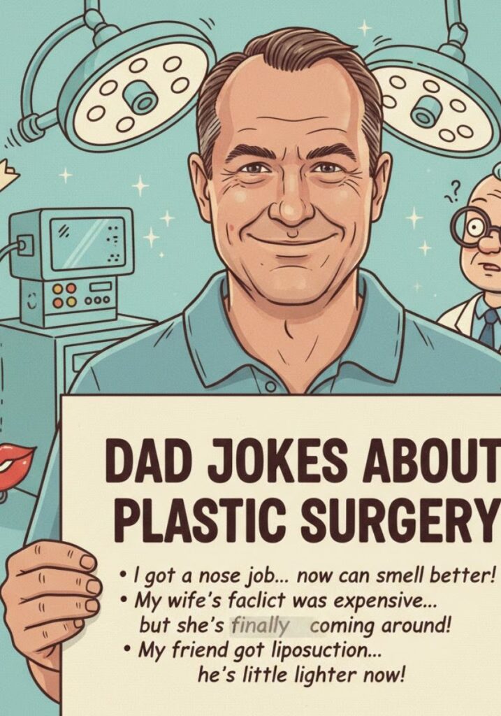 Dad jokes about plastic surgery with pun-filled quips and funny one-liners, perfect for light-hearted humor and sharing laughs with friends.