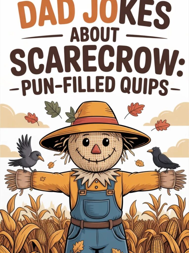 A smiling dad standing next to a scarecrow, telling pun-filled jokes that make kids laugh, representing playful scarecrow-themed dad humor