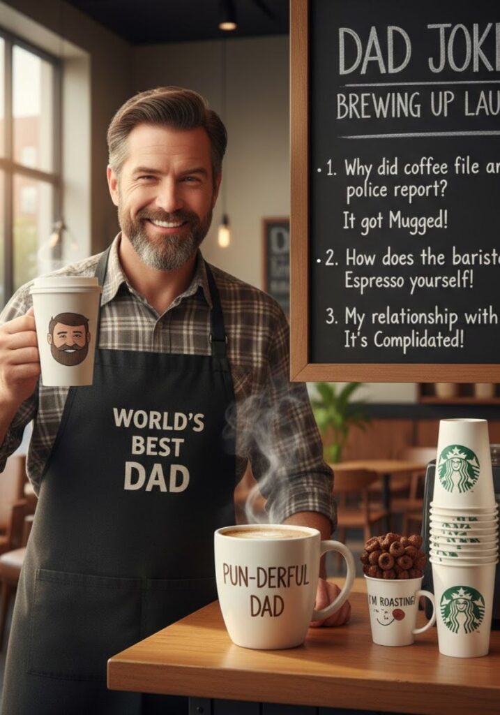 Dad jokes about Starbucks puns, featuring funny one-liners and playful coffee humor perfect for sharing laughs with friends and family."