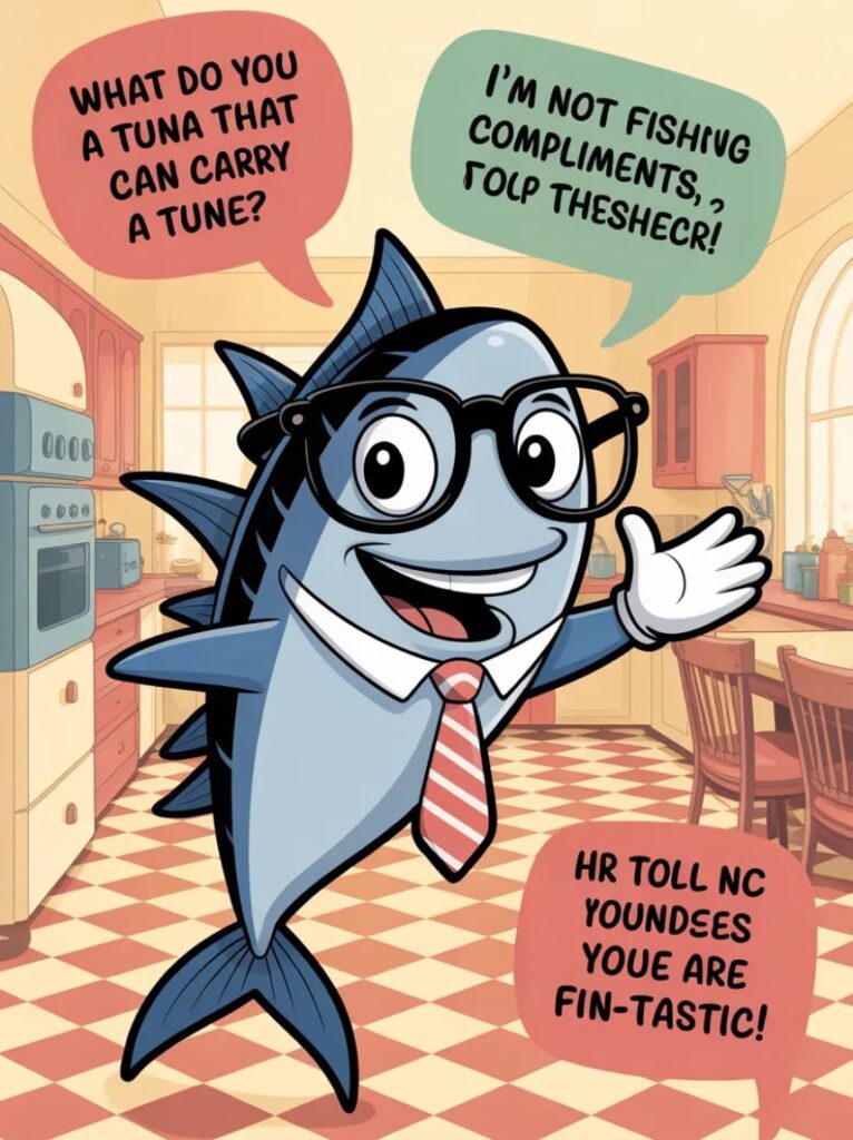 A smiling dad holding a canned tuna, telling pun-filled tuna jokes to kids who are laughing,