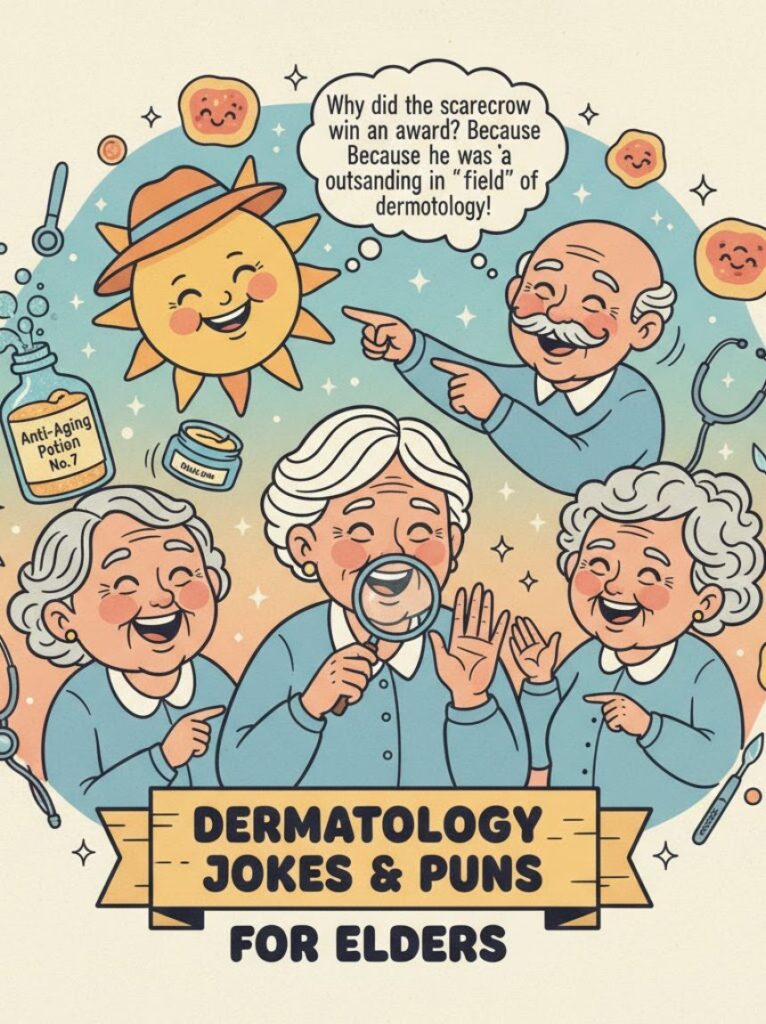 An elderly person laughing with a dermatologist as they share lighthearted jokes