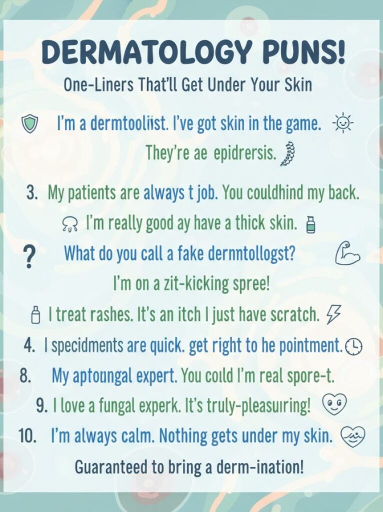 A dermatologist with a playful smile holding a comical skin diagram, representing witty dermatology puns and clever one-liners.