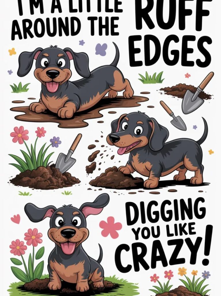 A mischievous cartoon dachshund with a cheeky grin, representing playful and humorous adult-themed dachshund puns.