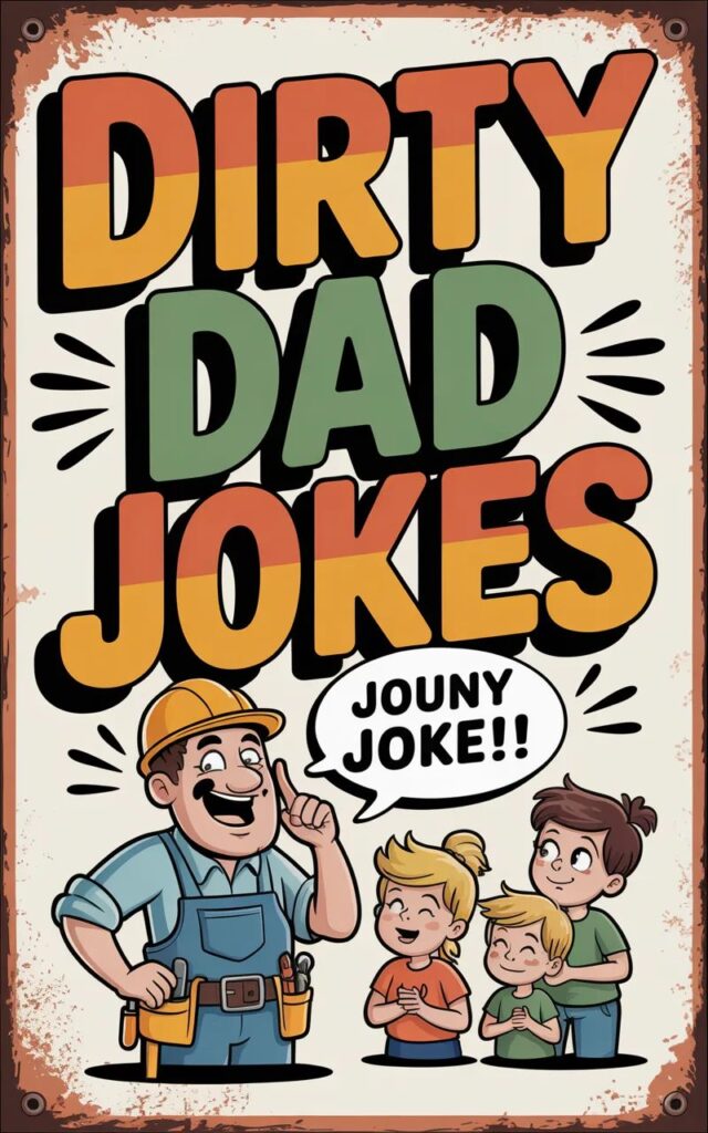  A playful image featuring dirty dad jokes with cartoon dads, cheeky expressions, and lighthearted adult humor perfect for social media and laughs.
