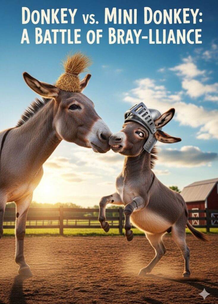 A playful comparison of donkeys and mini donkeys, featuring humorous puns, clever wordplay, and lighthearted jokes in a battle of bray-lliance."