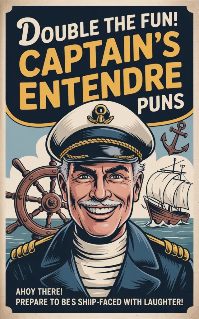 A witty image featuring double entendre captain puns with cartoon captains, ships, and anchors delivering clever, layered humor in a playful nautical style.