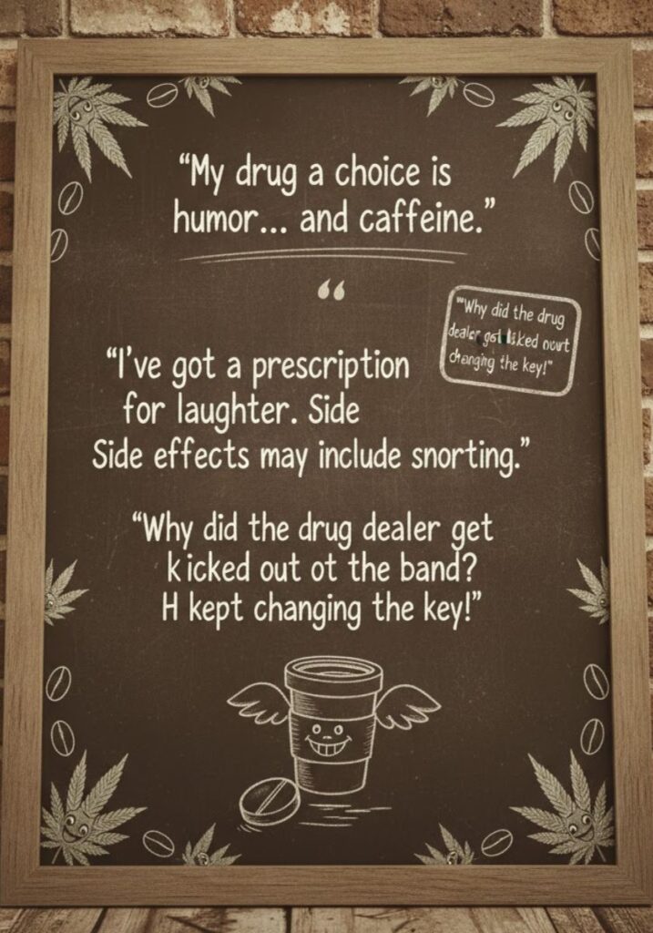 Collection of drug jokes and quotes, featuring clever wordplay and humorous one-liners perfect for sharing laughs with friends or online."