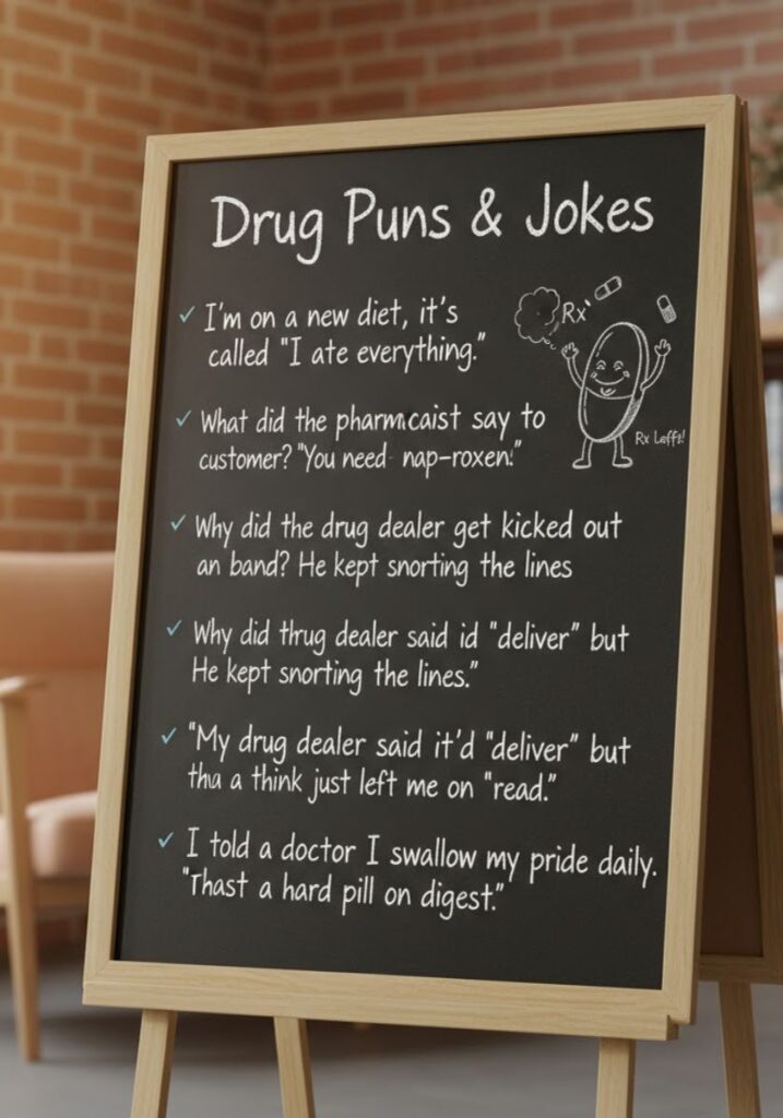 "Funny drug puns and jokes collection with clever wordplay, one-liners, and sharable humor perfect for social media and friends."