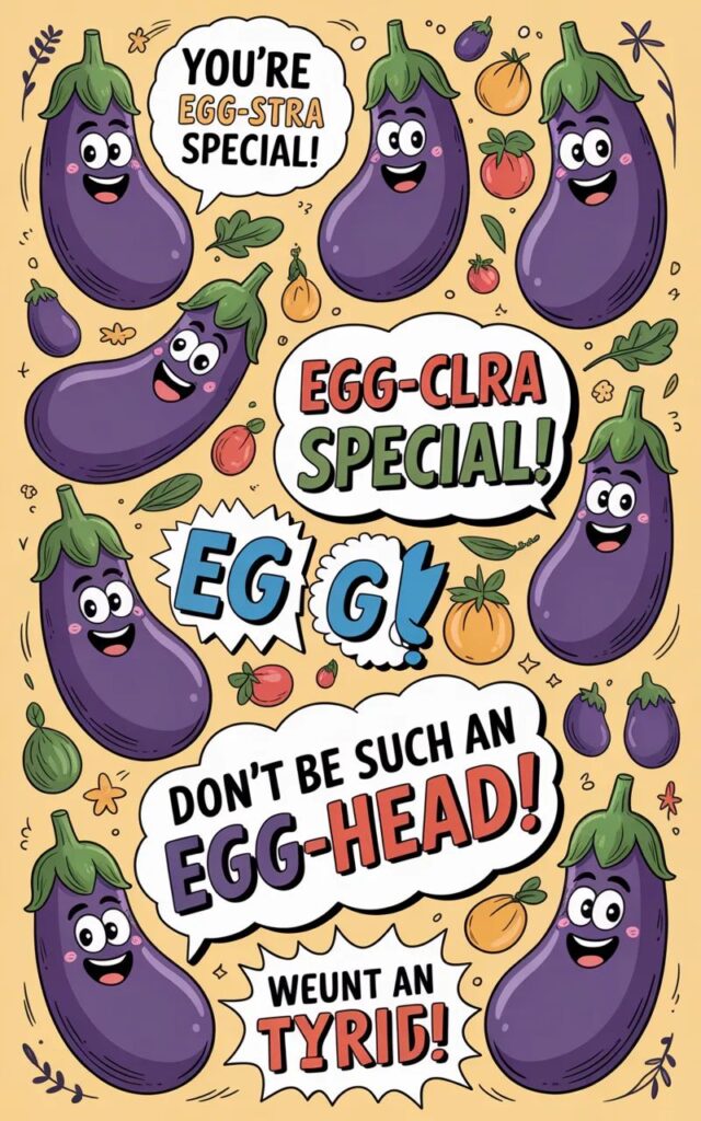 A playful image featuring egg-cellent eggplant puns with one-liner wordplays, cartoon eggplants, and witty expressions delivering lighthearted and shareable vegetable humor.