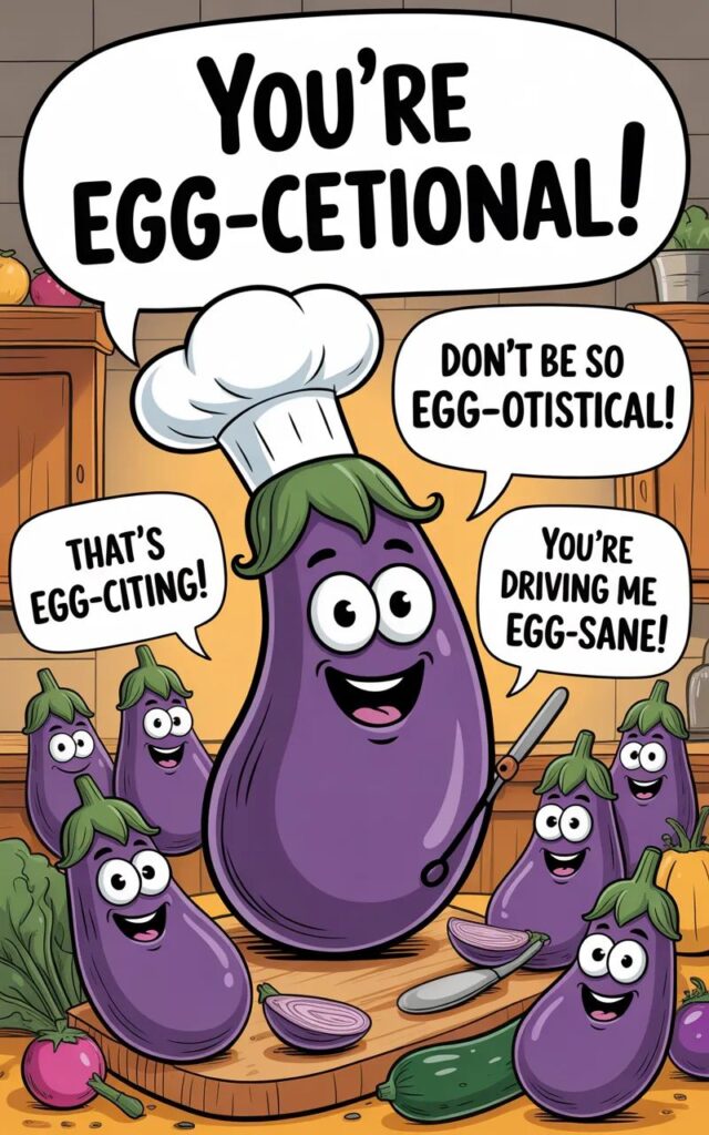 A fun image featuring eggplant puns in English with cartoon eggplants, playful expressions, and witty text delivering lighthearted, shareable vegetable humor.