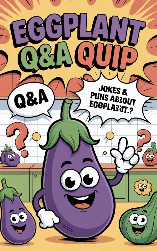 A humorous image showing eggplant Q&A quips with cartoon eggplants answering funny questions,