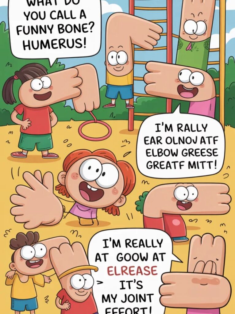 A colorful cartoon image of smiling elbows telling jokes and puns for kids, with playful expressions