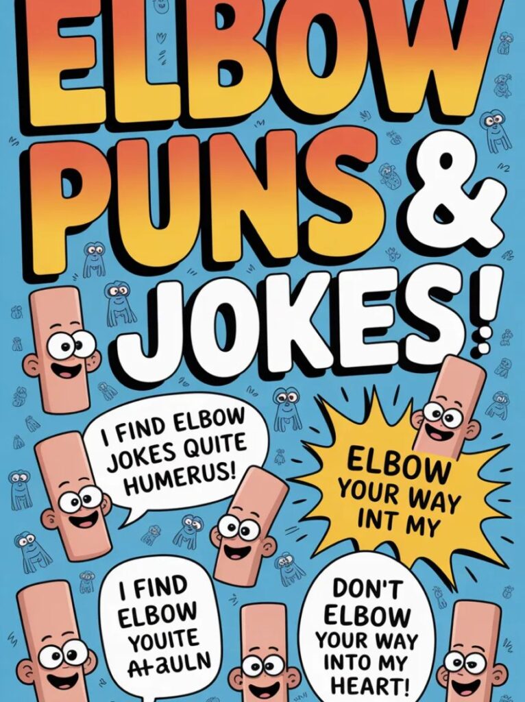 A funny image showing creative elbow puns and jokes with cartoon elbows laughing and making playful poses