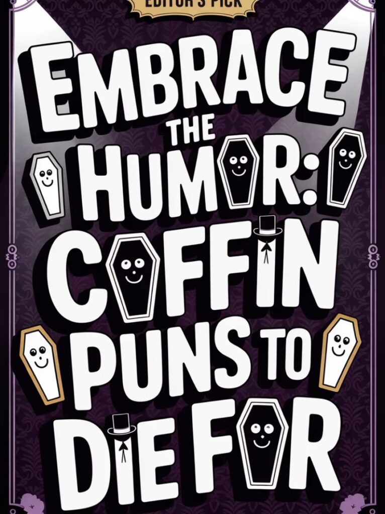 A playful, spooky image featuring coffin puns “to die for” with cartoon coffins and tombstones sharing lighthearted, Halloween-style humor