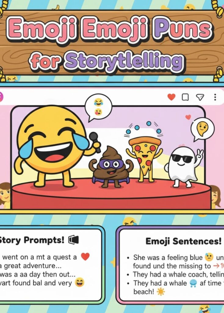 A collection of emoji-themed puns for storytelling, featuring playful humor, clever wordplay, and lighthearted laughs perfect for creative stories and captions.