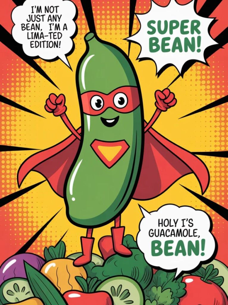 Alt Text:
A happy cartoon lima bean wearing sunglasses, representing epic and hilarious lima jokes that bring fun and laughter.