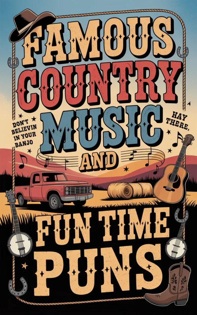A lively image featuring famous country music and fun-time puns 🎉🤠 with guitars, cowboy hats, and dancing characters sharing cheerful