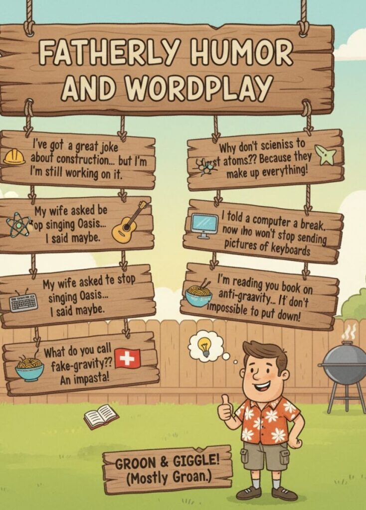 Illustration of a dad telling a pun or playful joke, showcasing fatherly humor and clever wordplay.