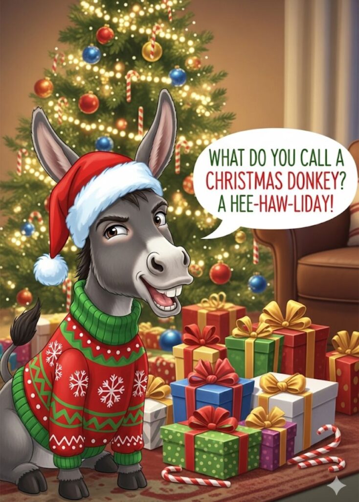 A collection of festive donkey-themed Christmas puns, featuring playful holiday humor, clever wordplay, and lighthearted jokes to spread seasonal cheers