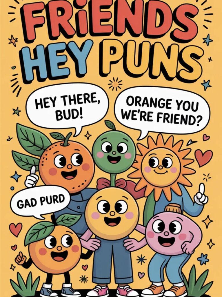 A group of friends waving and laughing together, representing playful and funny “hey” puns for friends.