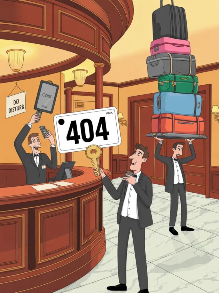 A funny image showing front desk hotel jokes with smiling receptionists, ringing desk bells, and guests laughing at playful travel humor