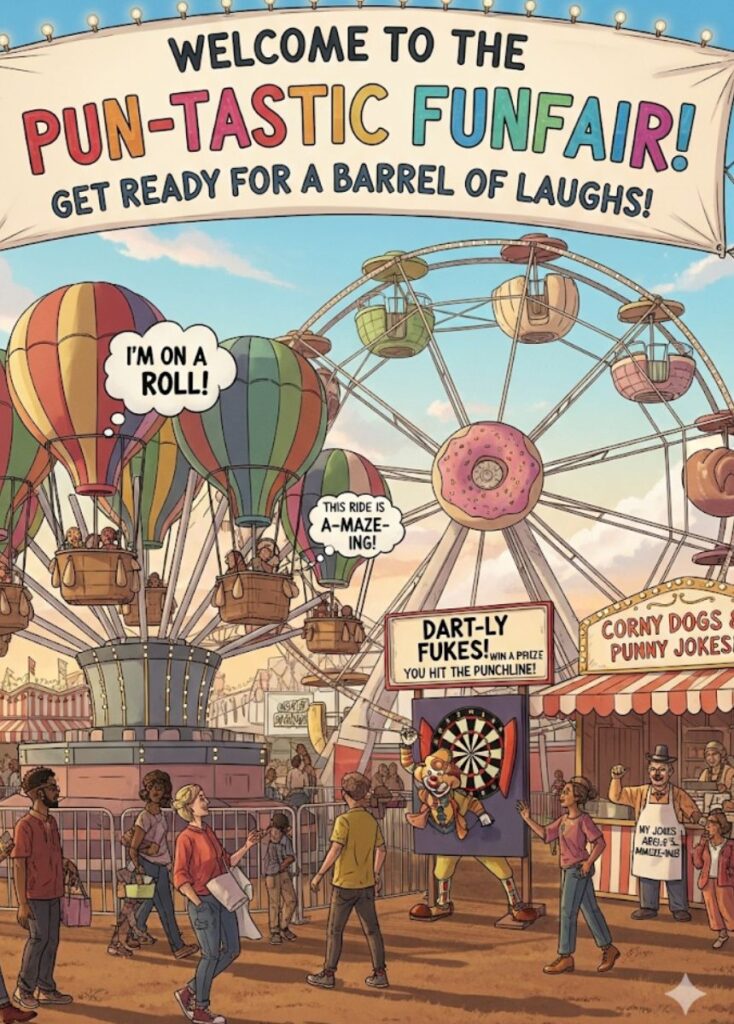 A collection of fun fair-themed puns and jokes, featuring playful humor, clever wordplay, and entertaining one-liners for readers to enjoy