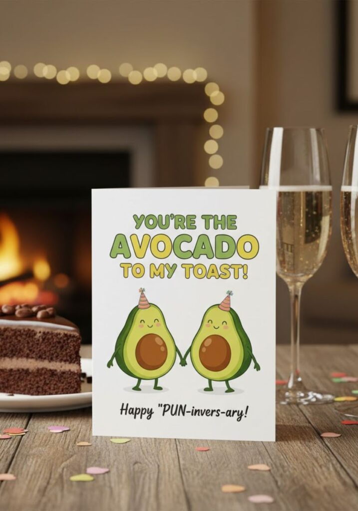 Funny anniversary puns with clever wordplay and romantic humor, perfect for sharing laughs with your partner or posting on social media."