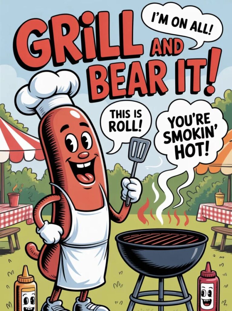 A happy cartoon grill with sizzling food and smoke, representing funny and playful BBQ puns