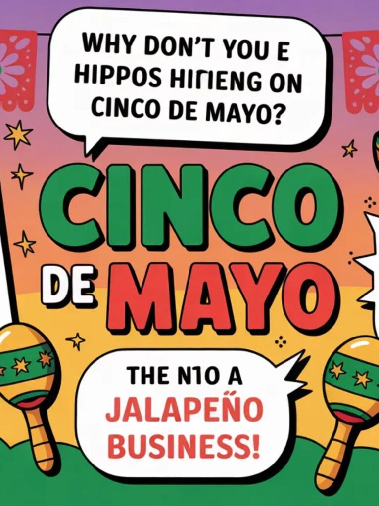 A colorful image showing funny Cinco de Mayo one-liner jokes with tacos, hats, and maracas delivering short, playful, and festive humor for social media and parties