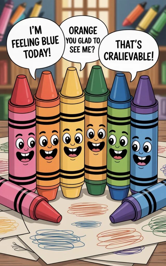 A playful image featuring funny crayon one-liner jokes with colorful crayons, cartoon art supplies, and witty expressions delivering short, lighthearted, and creative humor.