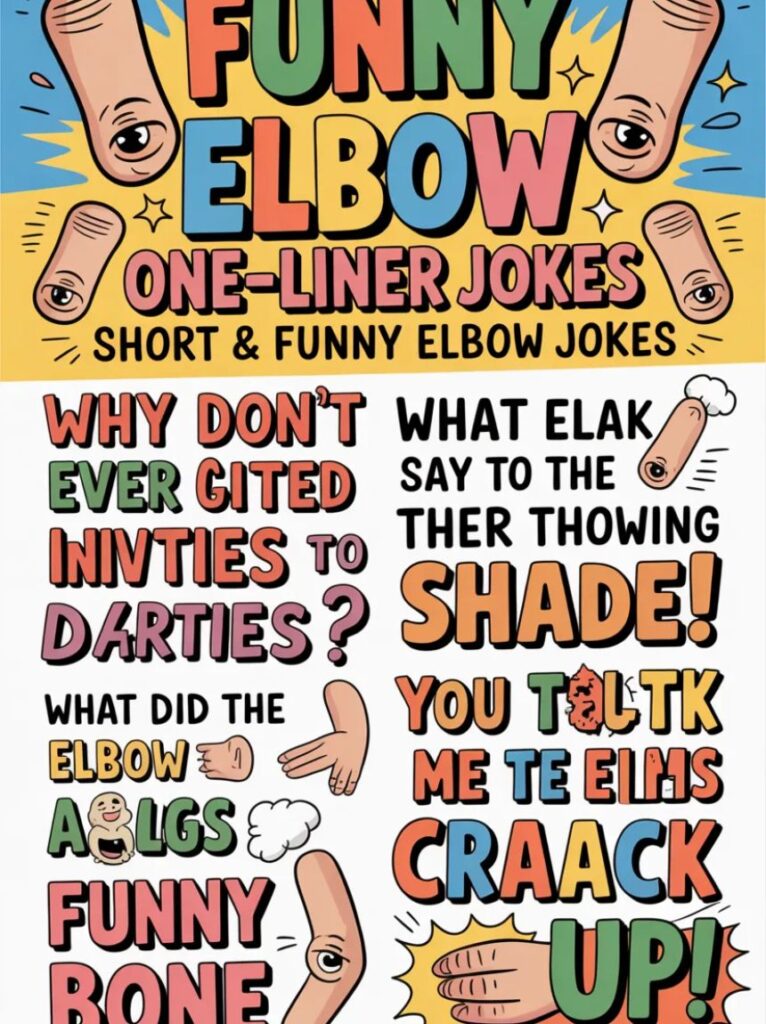 A cheerful image showing funny elbow one-liner jokes with cartoon elbows laughing