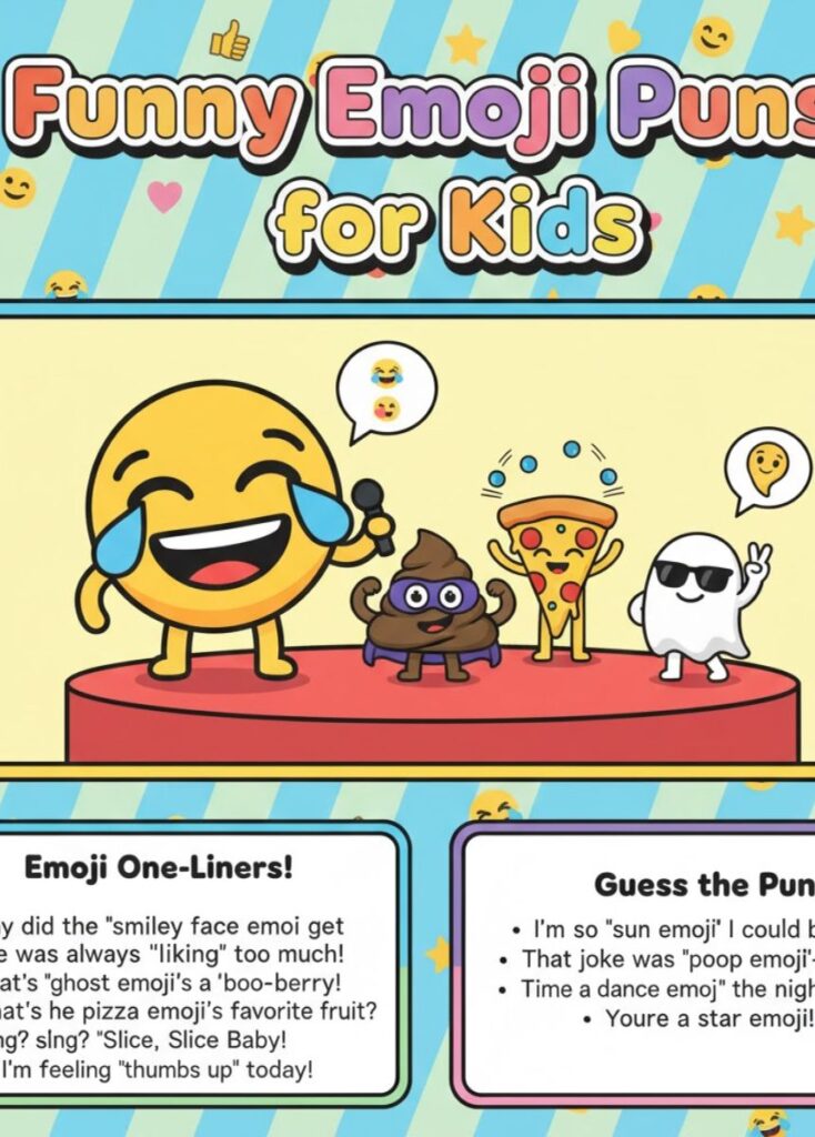 A collection of kid-friendly emoji puns, featuring playful humor, clever wordplay, and lighthearted laughs suitable for children.