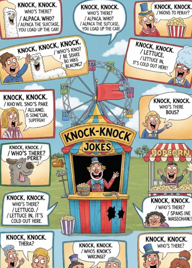 A collection of funny fair-themed knock-knock jokes, featuring playful humor, clever wordplay, and lighthearted laughs perfect for readers of all ages.