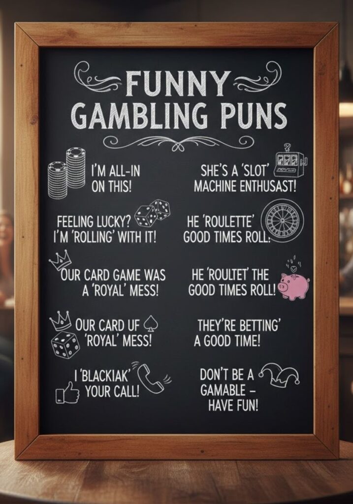 Funny gambling puns with clever casino jokes, poker humor, and witty betting wordplay to make players laugh out loud.