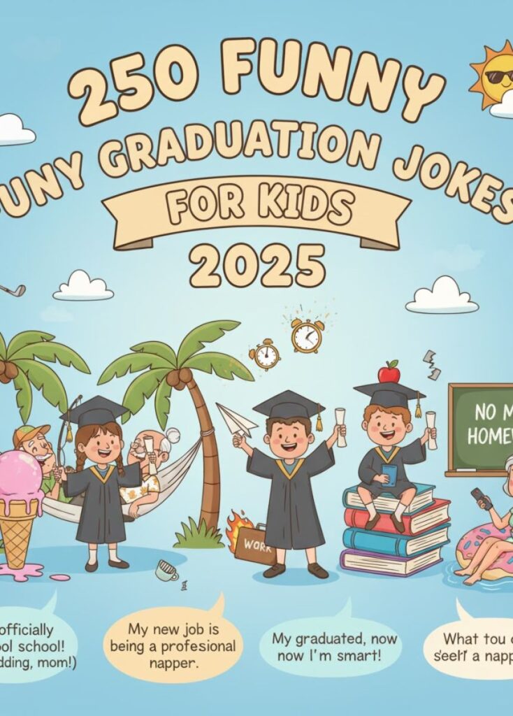"Cartoon image of kids in graduation caps laughing and having fun, enjoying funny and lighthearted graduation jokes."
