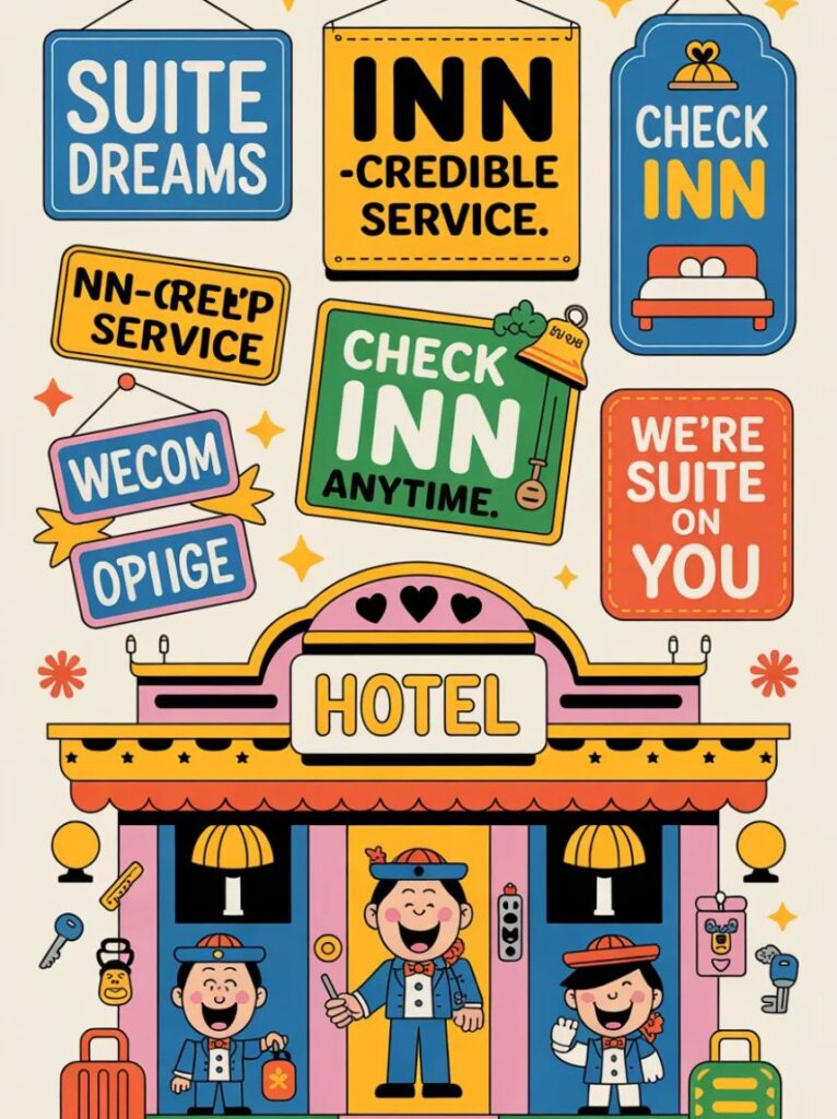 A cheerful image showing funny hotel puns with cartoon rooms, keys, and luggage characters making lighthearted travel jokes