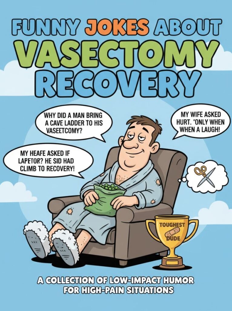 A man resting on a couch with ice packs, smiling while reading jokes on his phone, representing funny jokes about vasectomy recovery.
