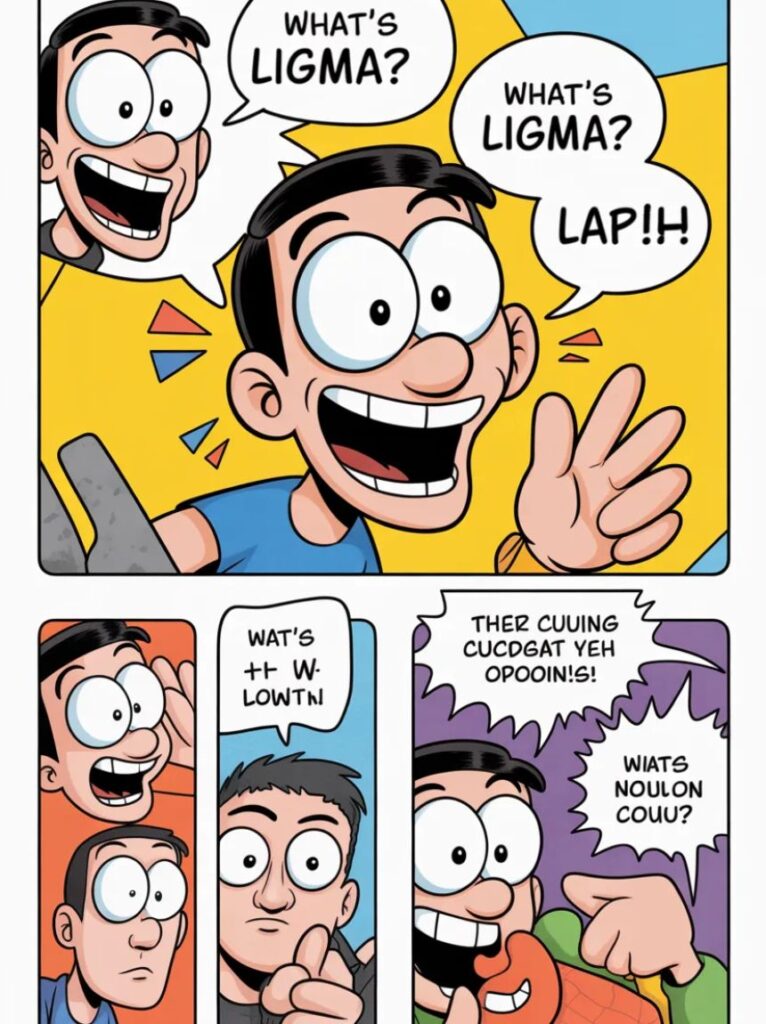 A playful cartoon character laughing with a mischievous grin, representing funny and lighthearted Ligma jokes.