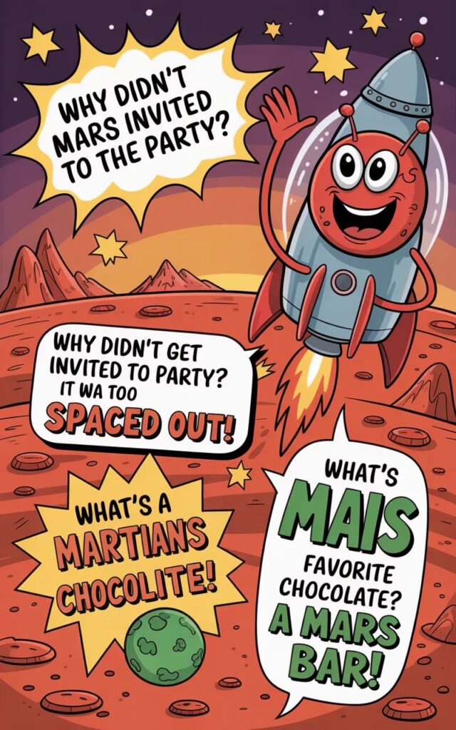 A playful image featuring funny Mars one-liner jokes with cartoon planets, rockets, and astronauts delivering short, witty, and space-themed humor.