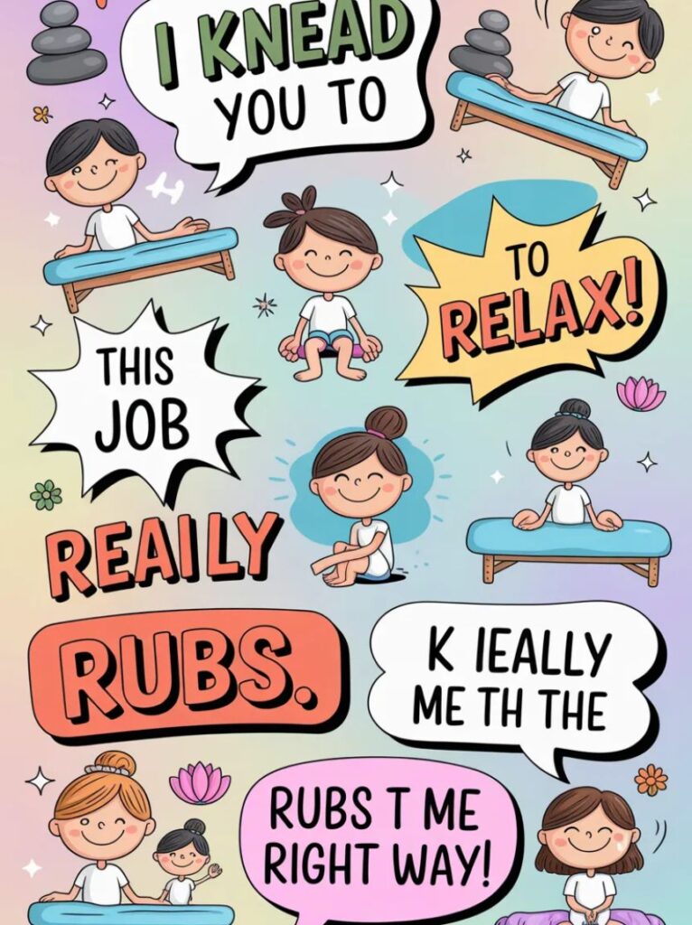 A playful image showing funny massage one-liner jokes with cartoon hands, spa towels, and smiling faces delivering short, relaxing, and laugh-worthy humor.