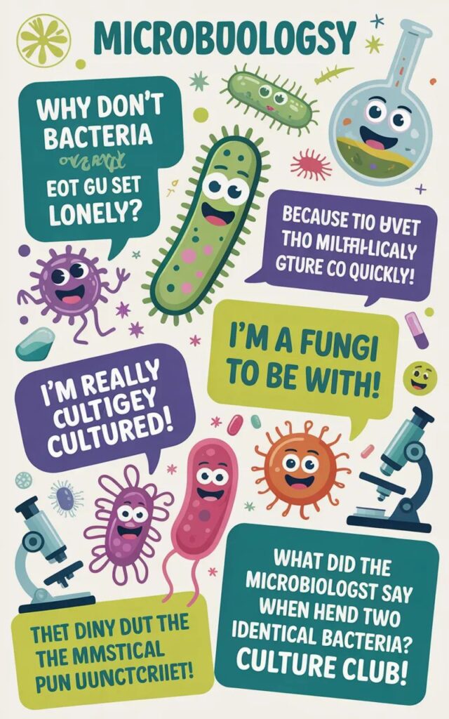 A playful image featuring funny microbiology one-liner jokes with cartoon microbes, lab tools, and scientists