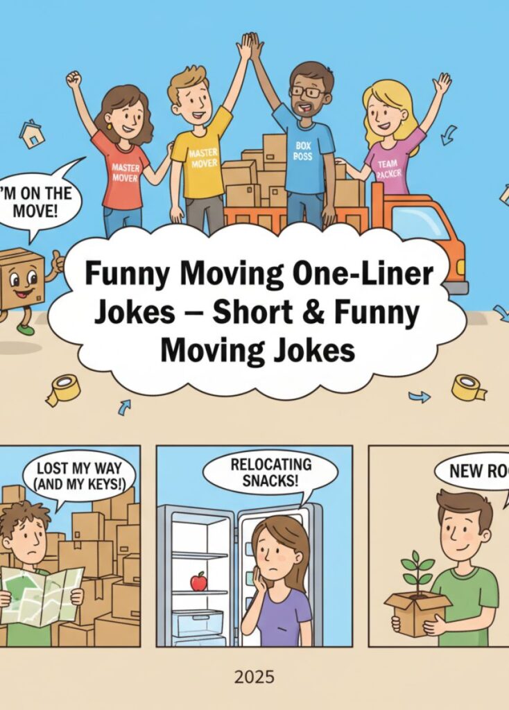 A collection of funny moving-themed one-liner jokes, featuring short, playful humor, clever wordplay, and lighthearted laughs perfect for quick entertainment."