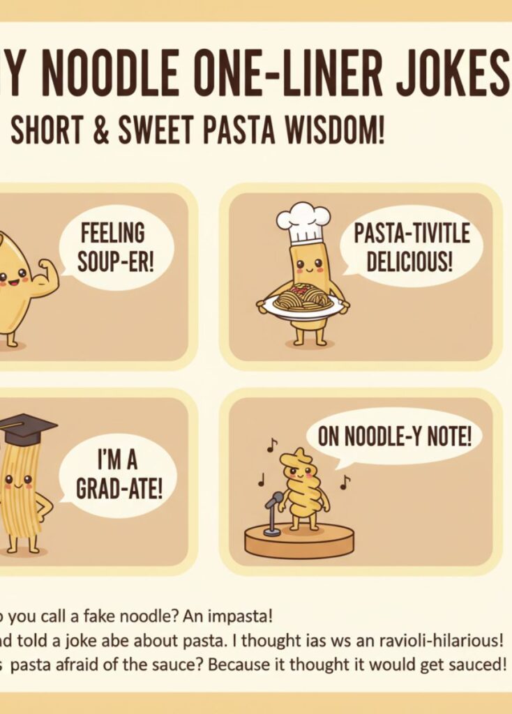 A collection of funny noodle-themed one-liner jokes, featuring short, playful humor, clever wordplay, and lighthearted laughs perfect for quick entertainment."