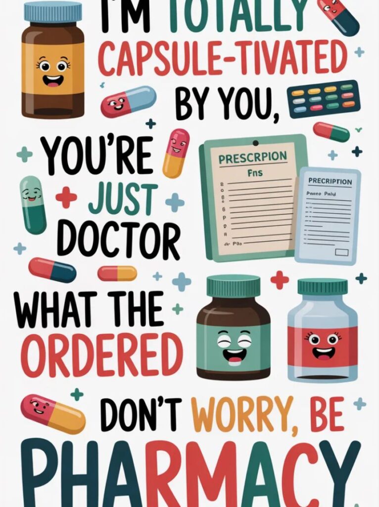 : A humorous image featuring funny pharmacy puns with pills, capsules, and medicine bottles smiling and cracking jokes,