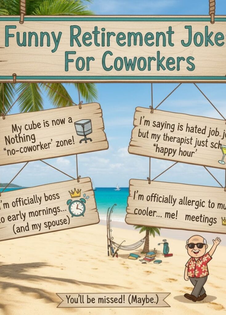Cartoon-style image showing coworkers laughing together, celebrating a retirement with funny jokes and lighthearted humor