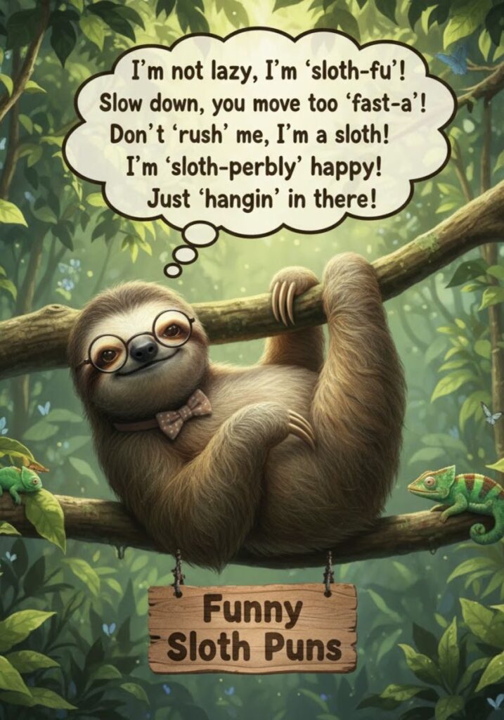 Funny sloth puns collection with clever wordplay and playful one-liners, perfect for sharing laughs with friends or on social media."