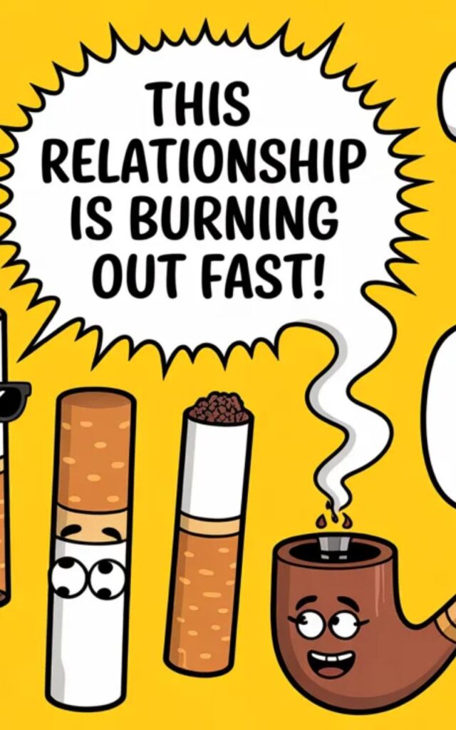A humorous image featuring funny smoking jokes and puns with cartoon cigarettes, cigars, and smoke clouds delivering lighthearted, playful humor perfect for social media.