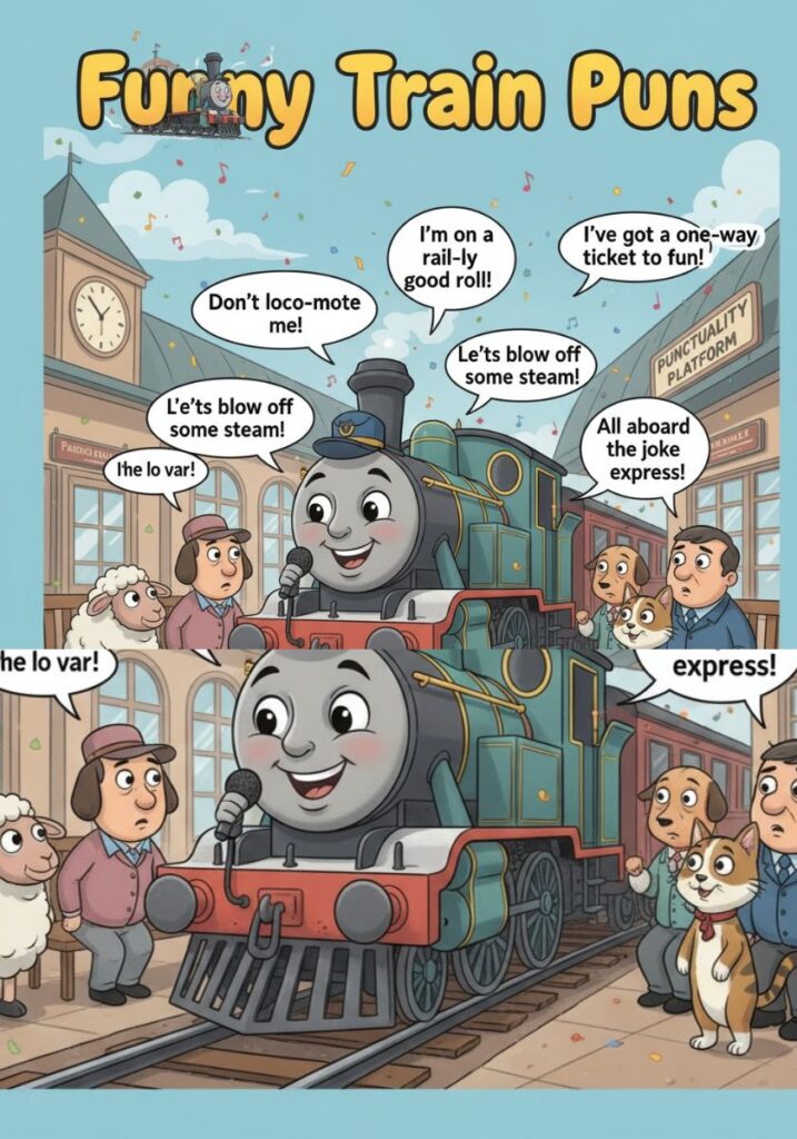A cheerful mix of funny train puns featuring locomotives, tracks, and passengers smiling.