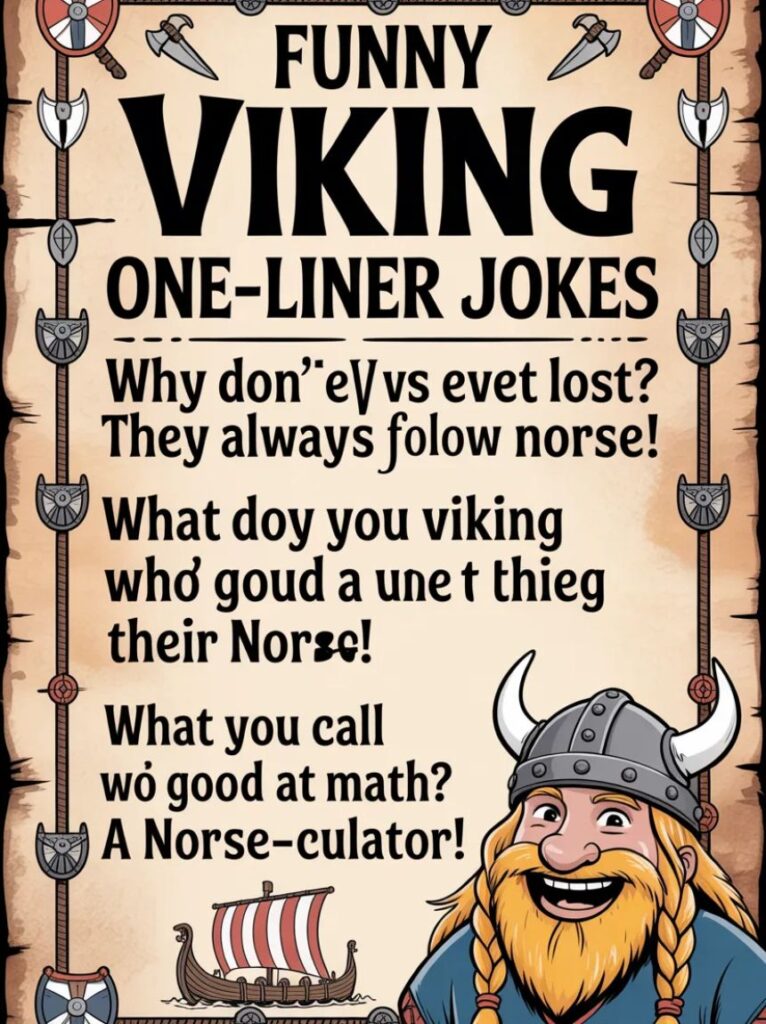 A cheerful cartoon Viking with a big grin, representing short and funny one-liner Viking jokes that bring laughter and fun.
